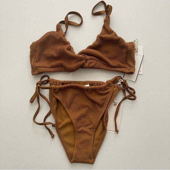 NWT Good American Crinkle Bronze Tiny Ties & Twist Swim bathings Suit Bikini - Picture 1 of 6